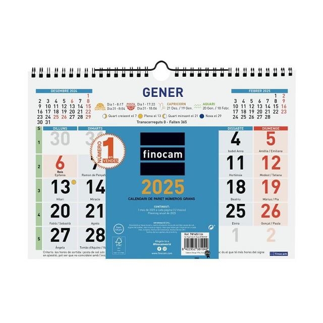 CALENDARI DE PARET AMB COLOR NOMBRES GROSSOS M 30X21 2025 | 8422952381044 | FINOCAM | Llibreria Online de Banyoles | Comprar llibres en català i castellà online