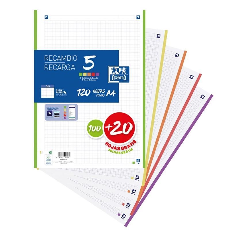 RECANVI DE 129 FULLS ÒPTICS QUADRICULATS 5X5 A4 DE 5 COLORS VIUS OXFORD | 8412771038441 | OXFORD | Llibreria Online de Banyoles | Comprar llibres en català i castellà online